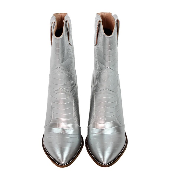 Silver croc embossed pointed toe boot with stacked heel. - Picture 2 of 4